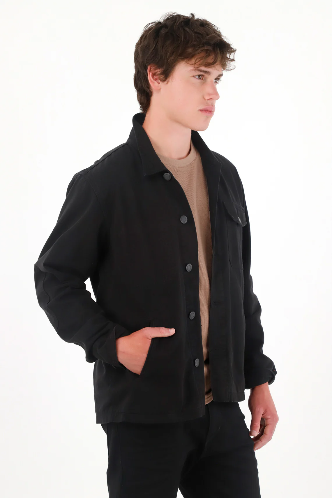 Men's Black Denim Jacket with Decorative Stitching