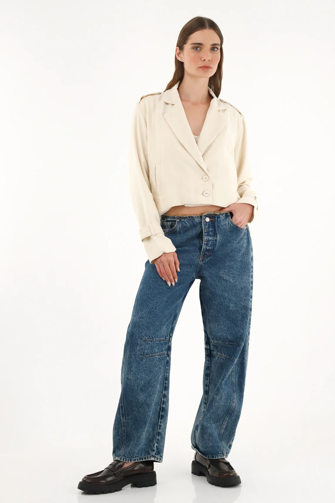 Women's Cropped Cream Biker Jacket - Image 2