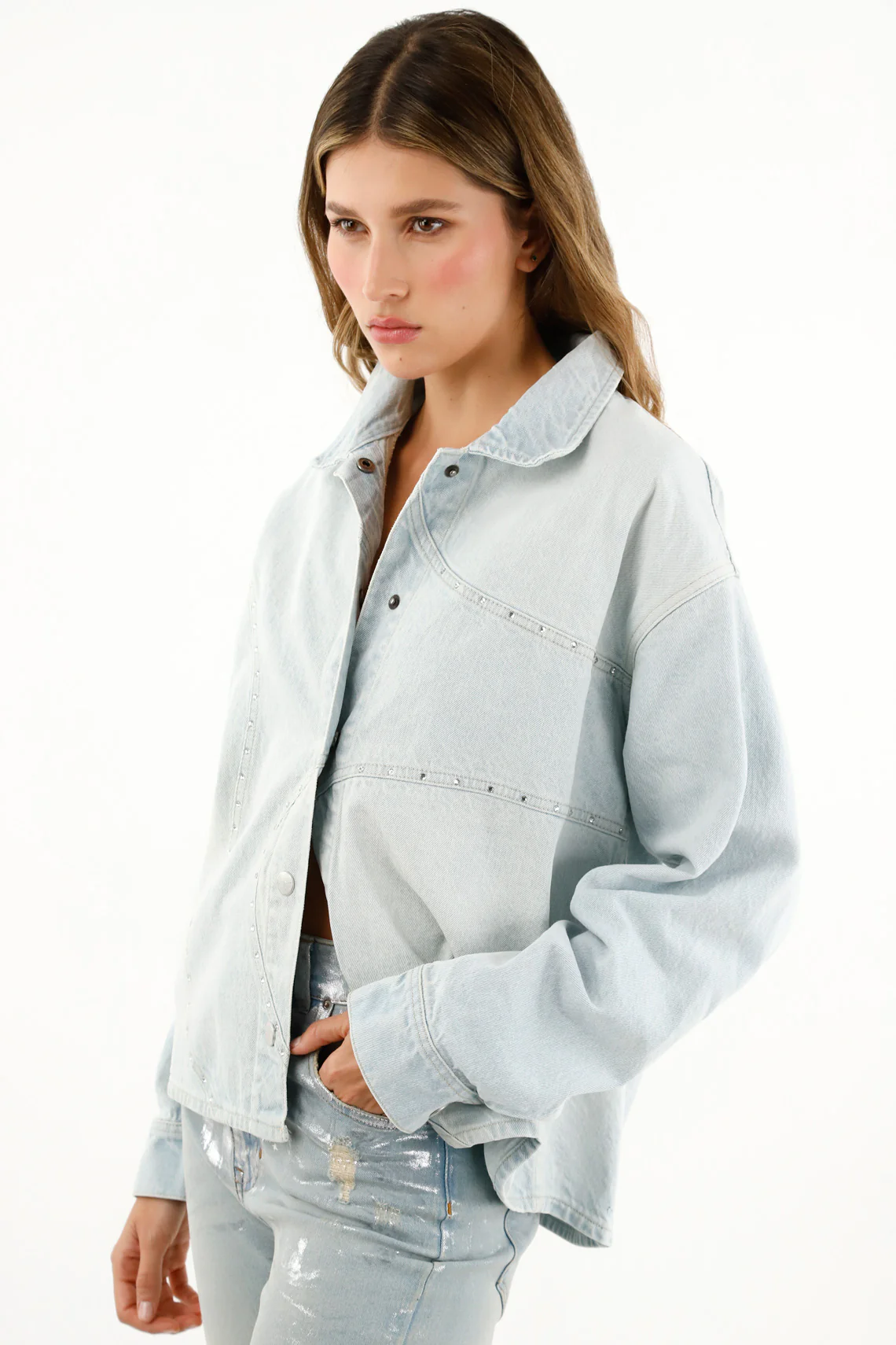 Women's Blue Denim Overshirt with Appliques - Image 5
