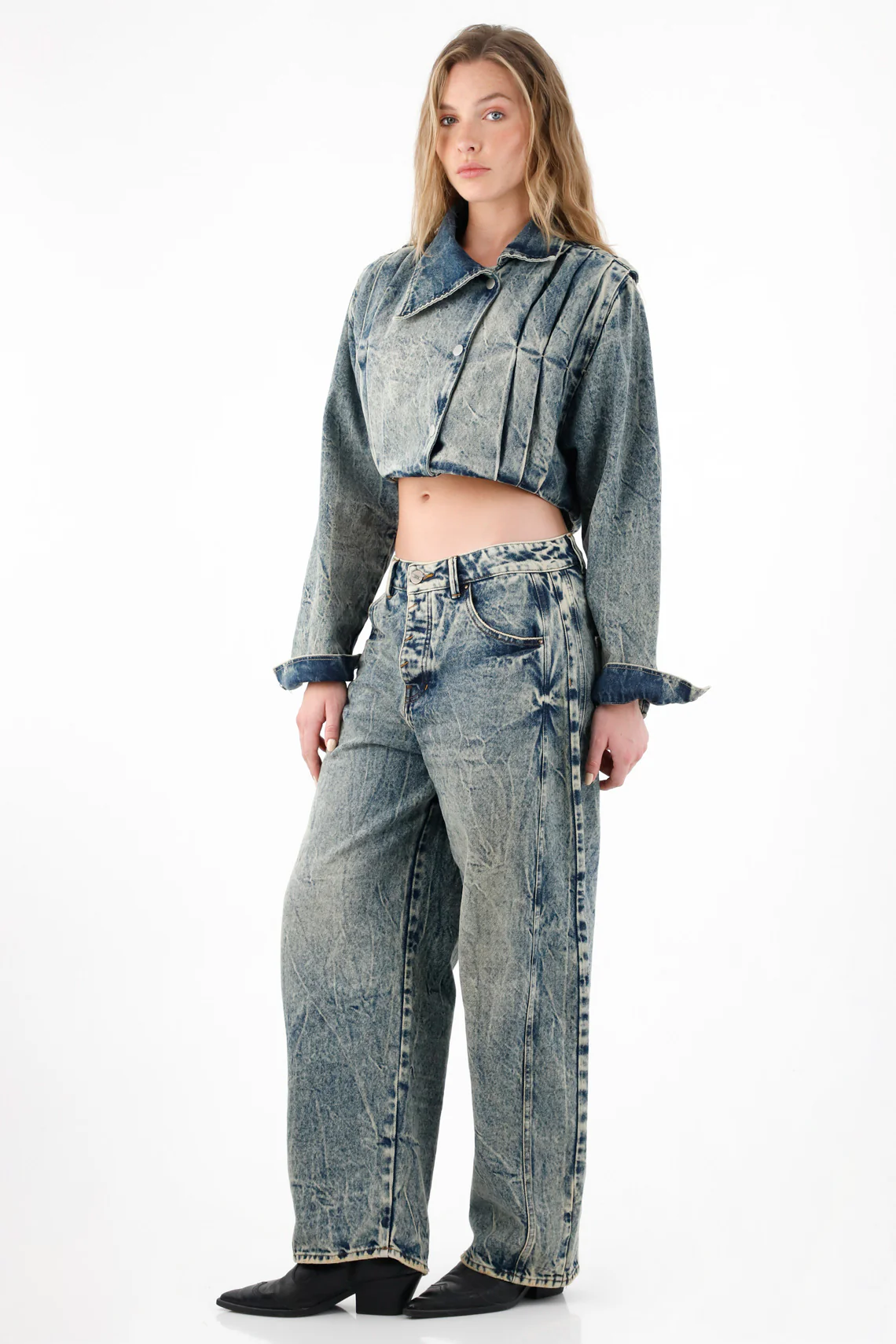 Women's Blue Asymmetrical Lapel Crop Jacket - Image 2