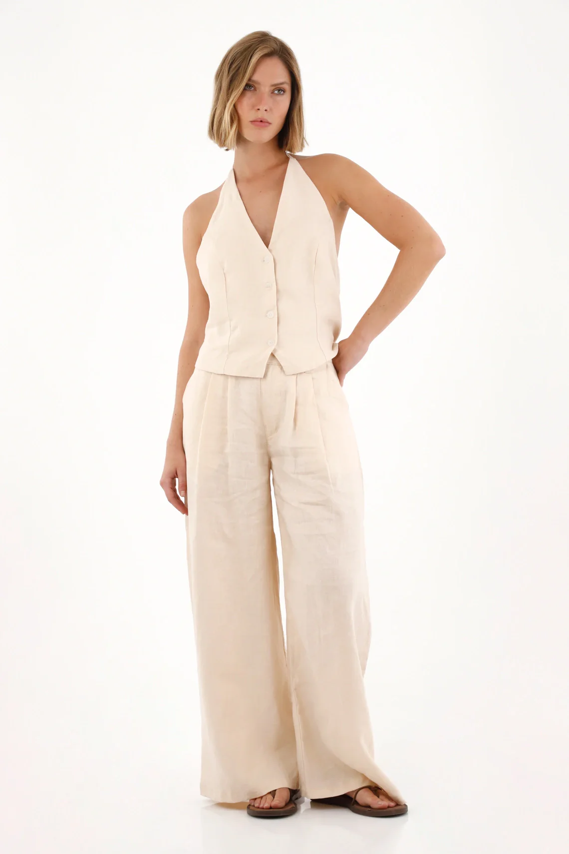 Beige Linen Wide Leg Pants for Women with Front Pleats