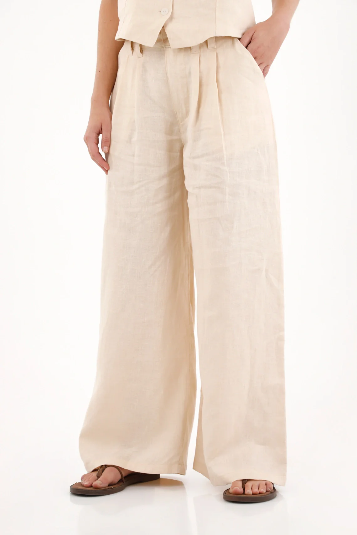 Beige Linen Wide Leg Pants for Women with Front Pleats - Image 3