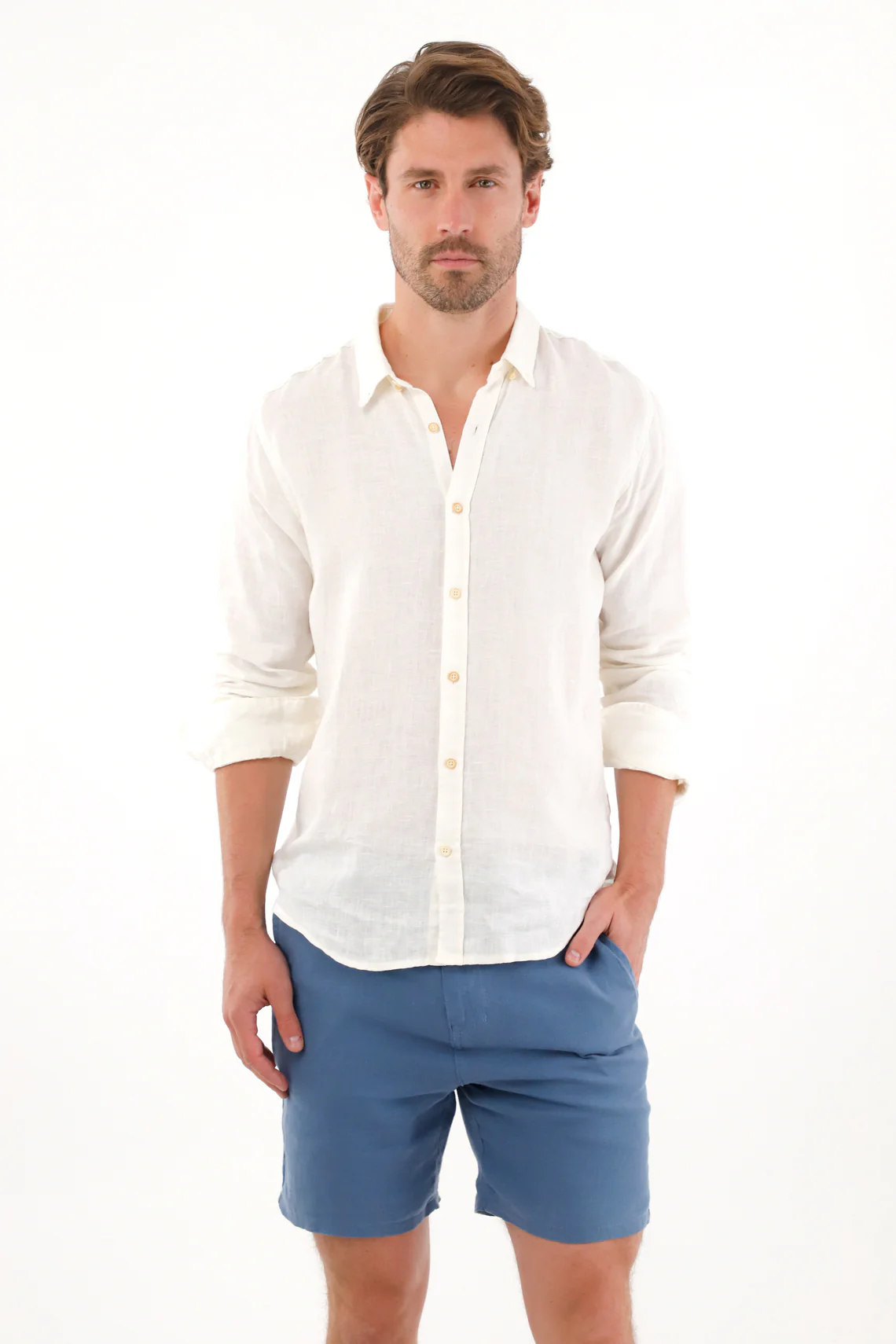 Men's 100% Linen Blue Bermuda Shorts - Image 2
