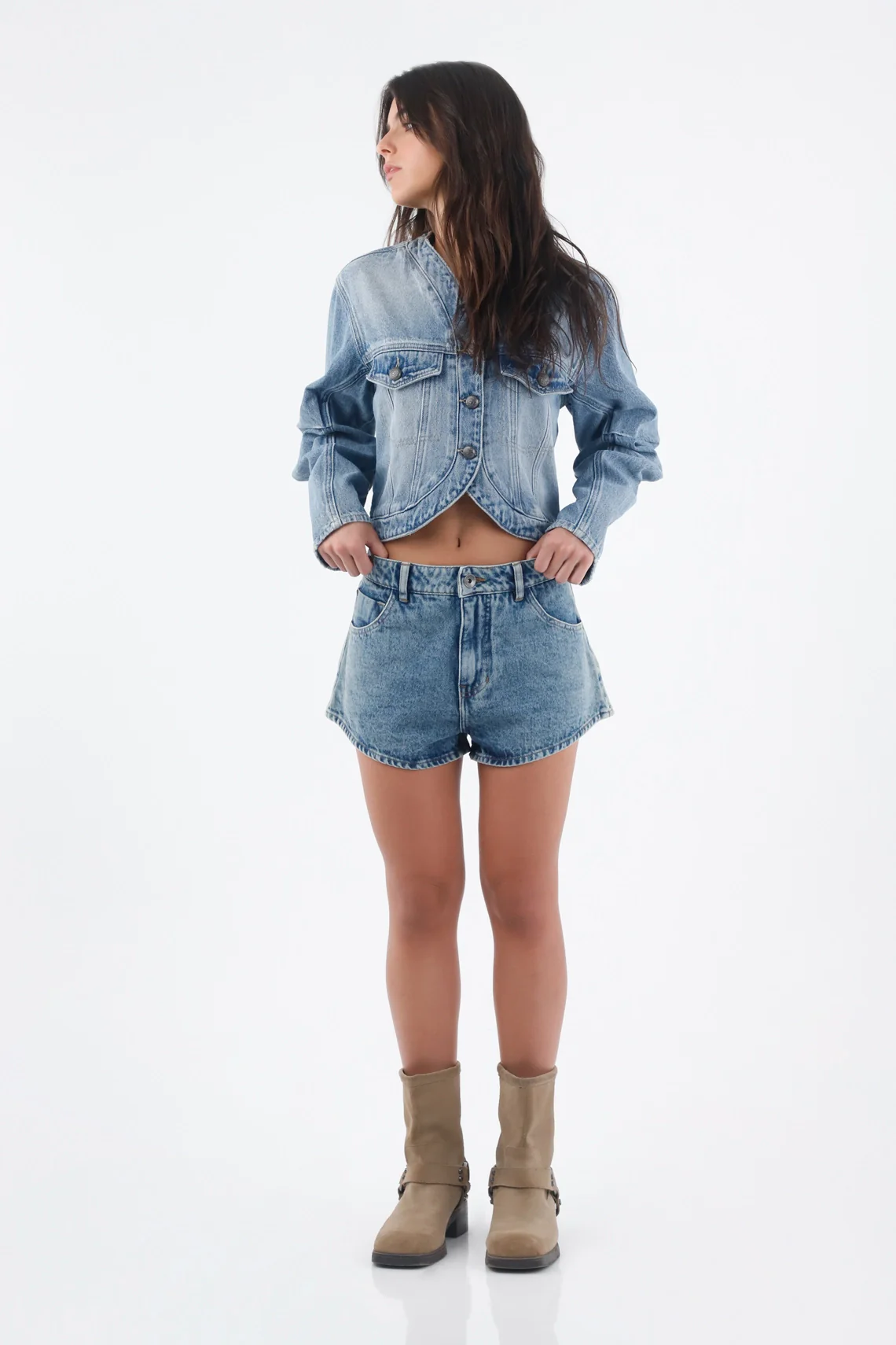 Light Blue Denim Bermuda Shorts for Women with Curved Hem
