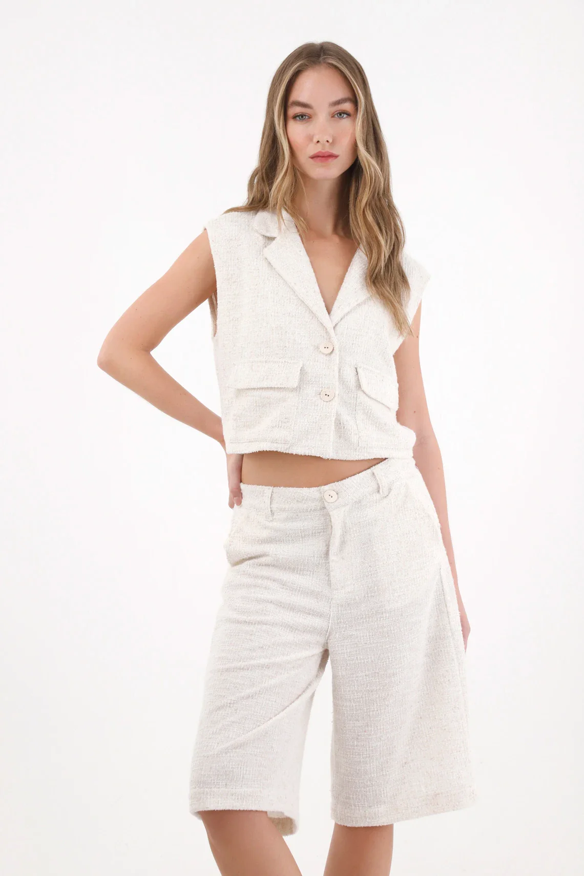 White Tweed Long Bermuda Shorts for Women