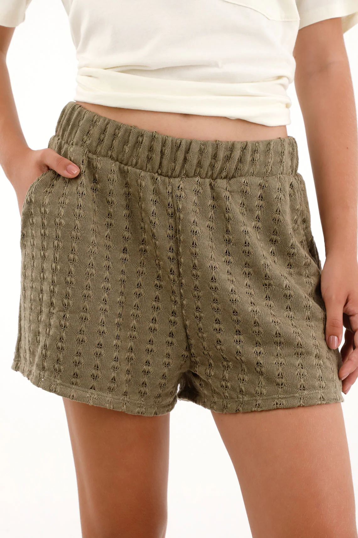 Women's Green Woven Shorts with Elastic Waistband