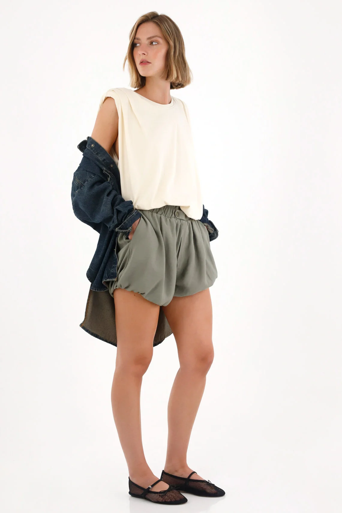 Green Gathered Design Shorts for Women - Image 3