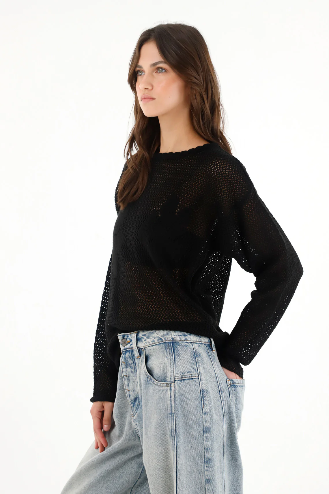 Women's Black Floral Design Open Knit Sweatshirt - Image 2