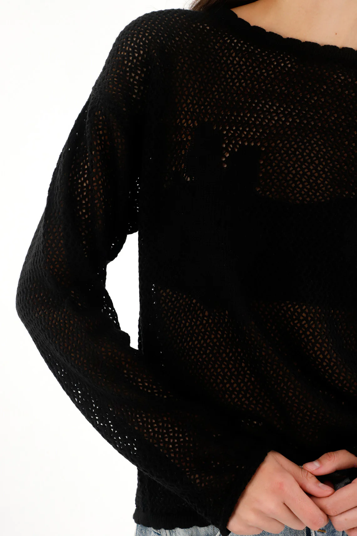 Women's Black Floral Design Open Knit Sweatshirt - Image 3