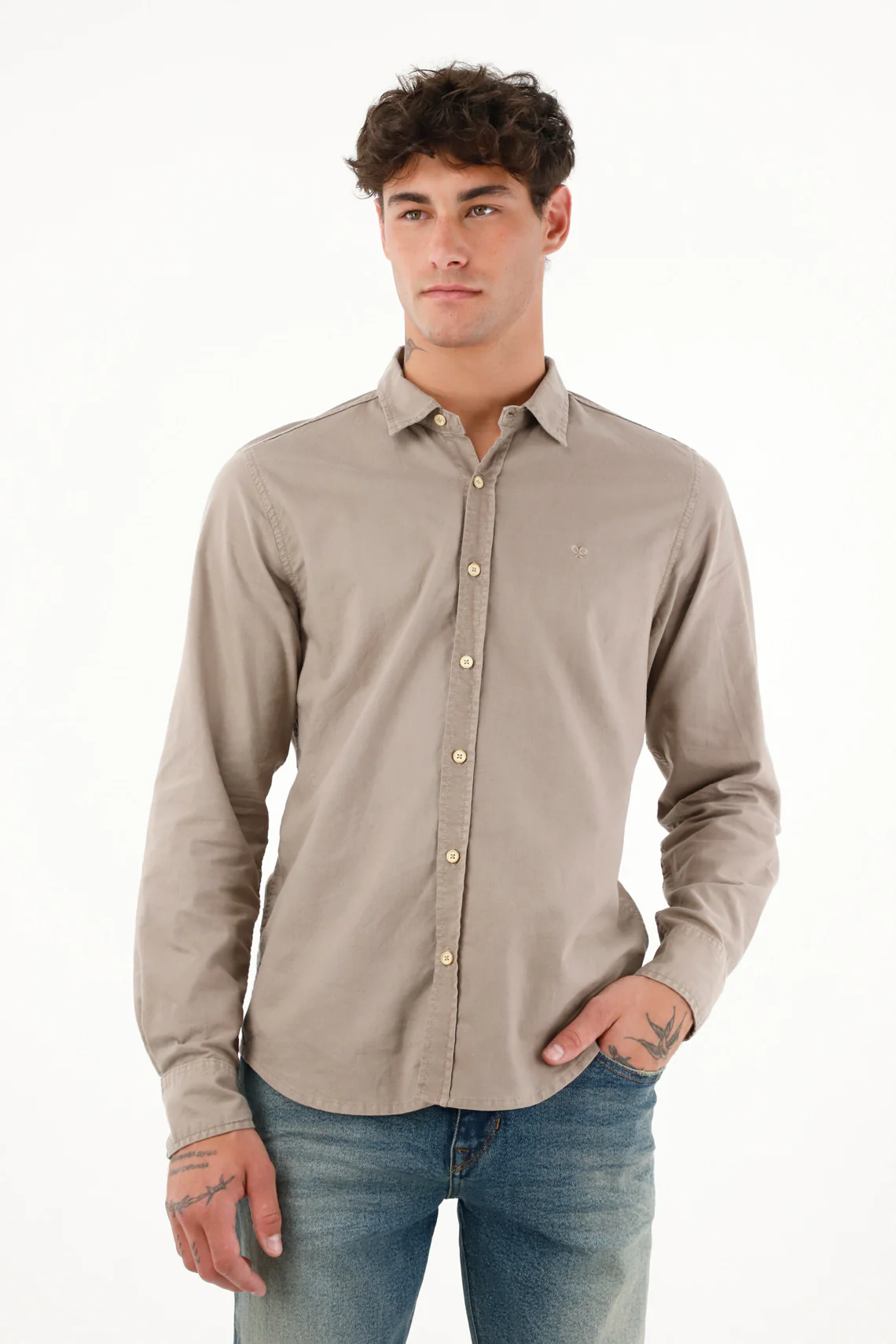 Men's Long Sleeve Shirt with Embroidered Racket in Brown