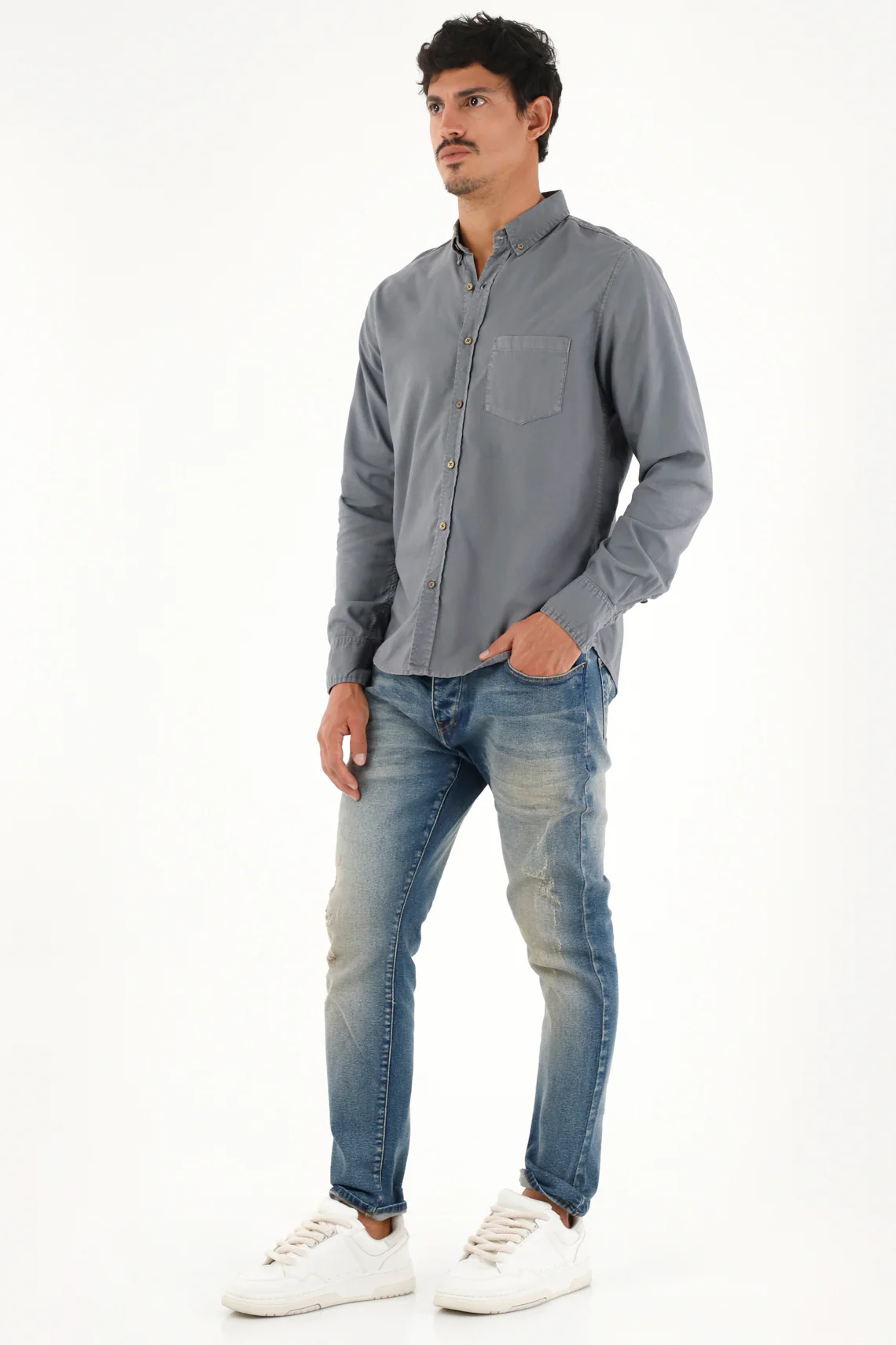 Men's Blue Long Sleeve Oxford Shirt - Image 3