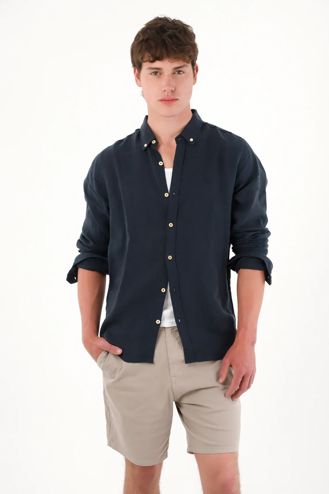 Men's Long Sleeve 100% Linen Blue Shirt