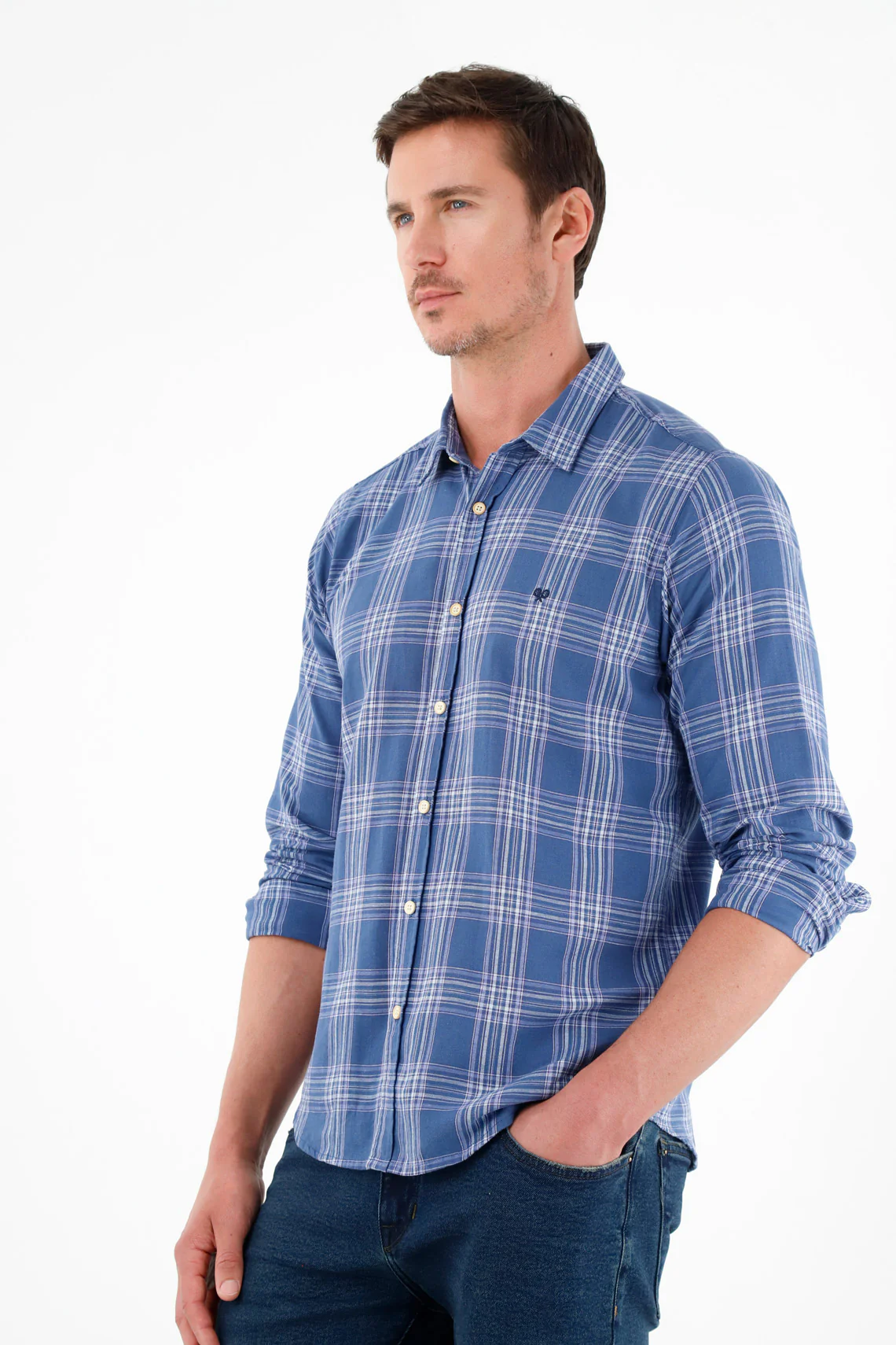 Men's Blue Plaid Design Shirt - Image 2