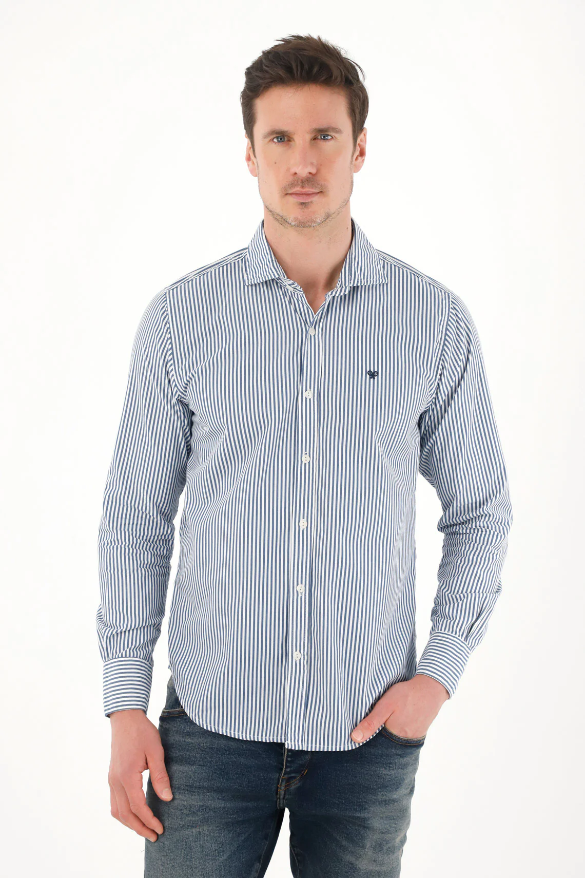 Long Sleeve Blue Striped Shirt for Men - Image 3