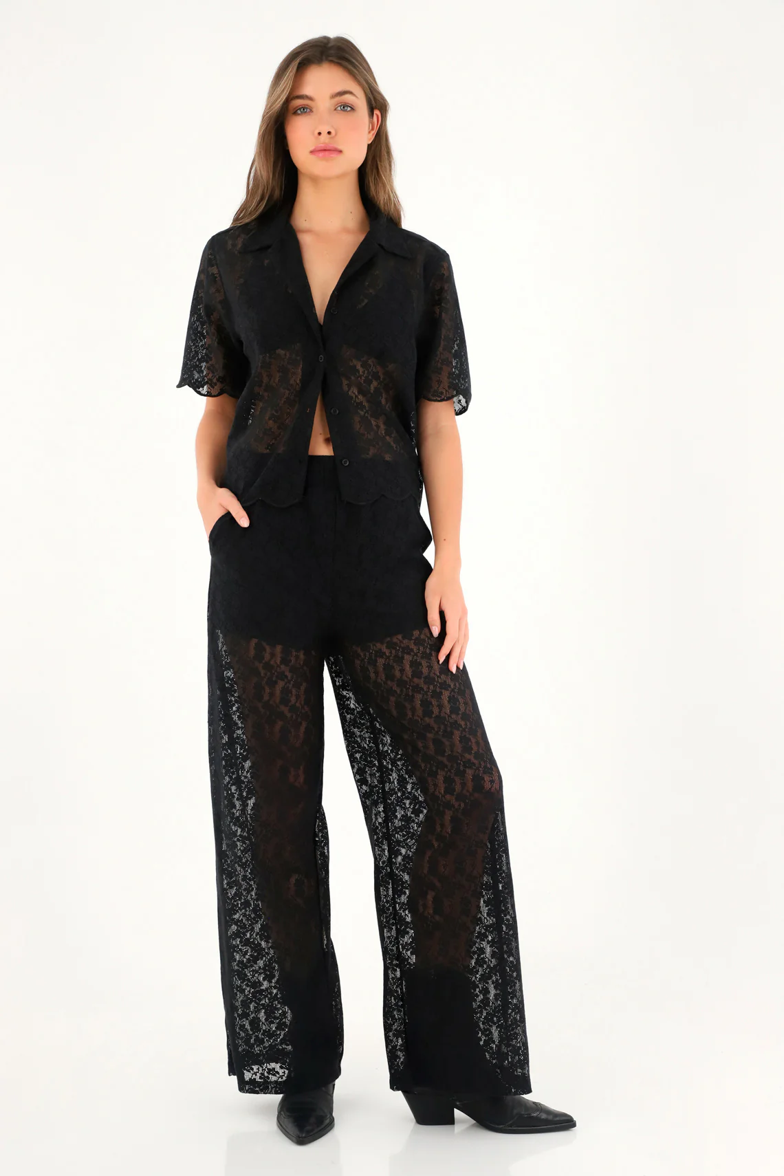Women's black lace bowling shirt - Image 2