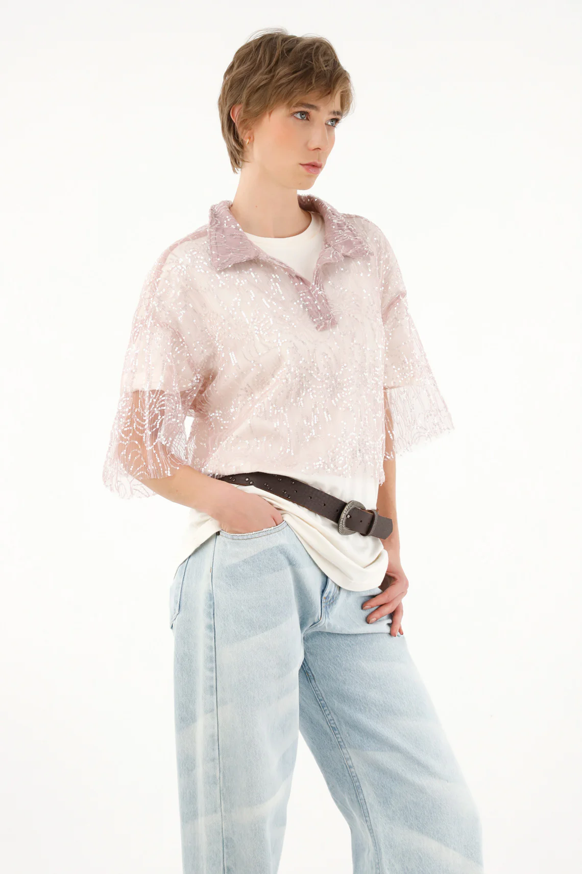 Women's purple sheer sequin shirt - Image 4