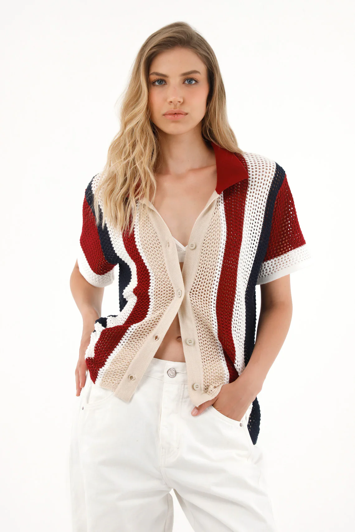 Women's cream knit shirt with striped design - Image 2