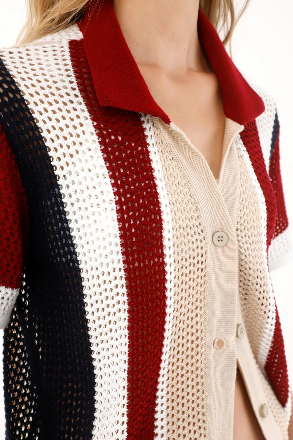 Women's cream knit shirt with striped design - Image 3
