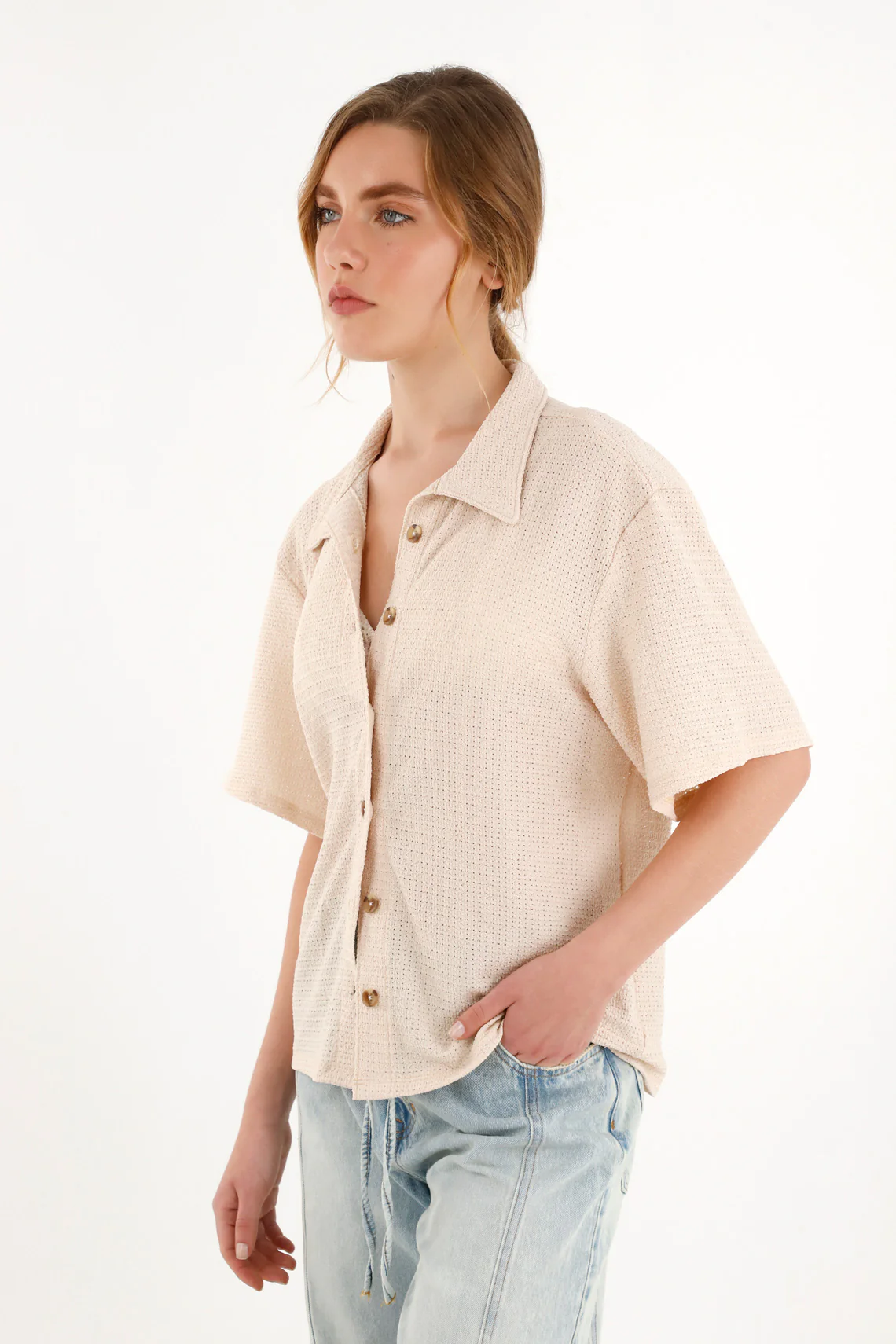 Women's Short Sleeve Textured Fabric Shirt in Off-White - Image 2