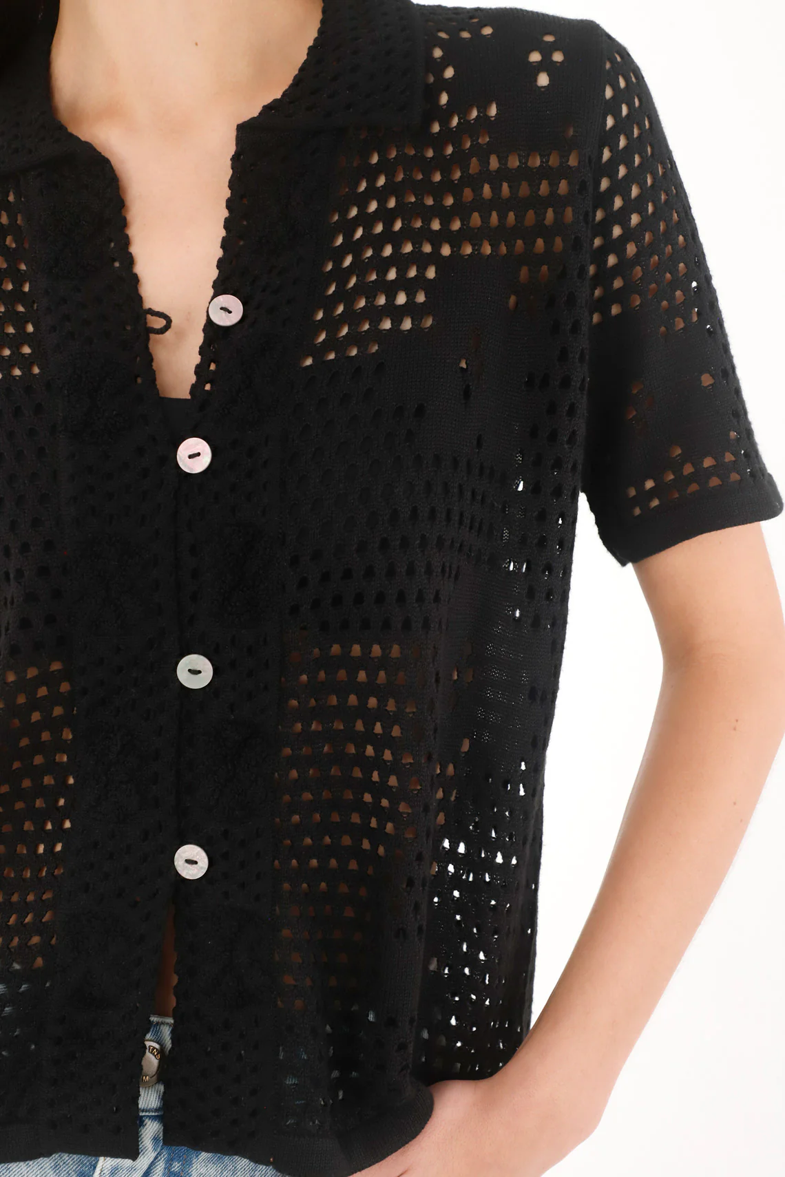 Women's Black Floral Open Weave Shirt - Image 3