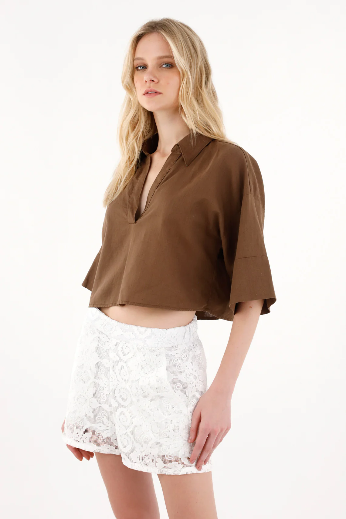 Women's Short Sleeve Boxy Fit Brown Shirt - Image 2