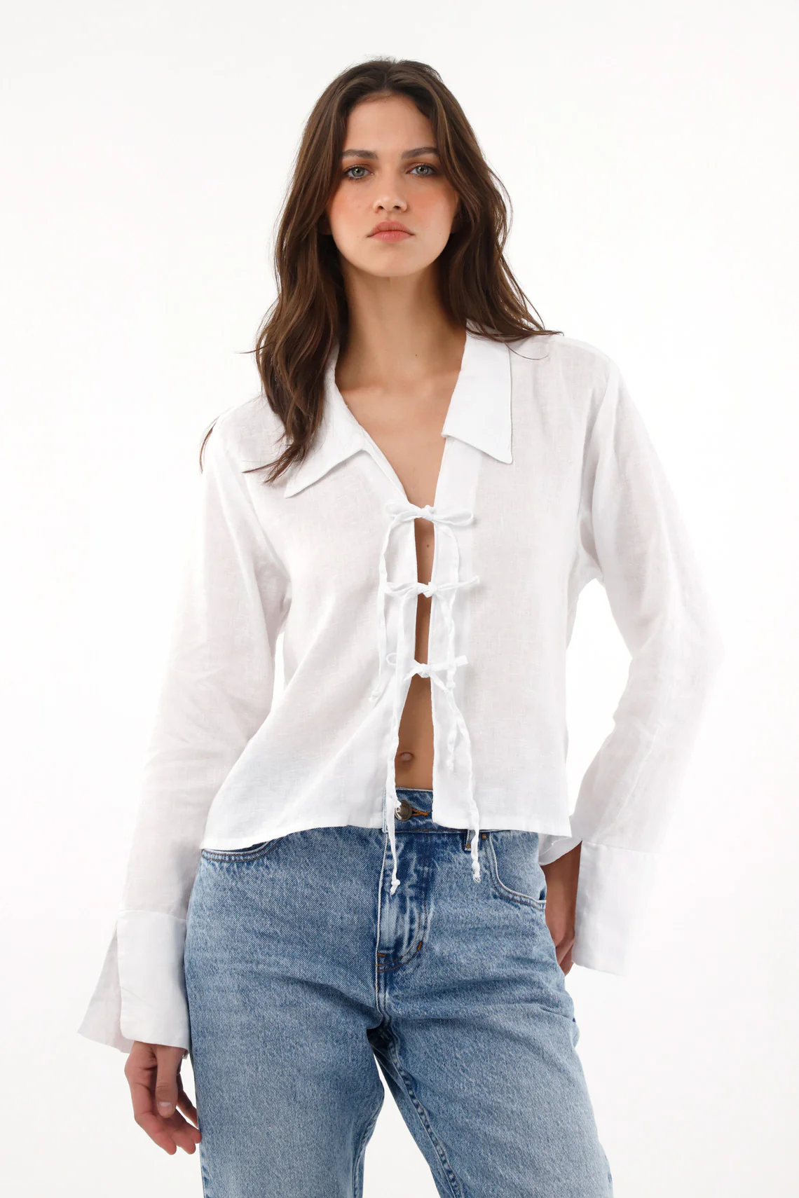 Women's 100% Linen Shirt with Front Ties in White - Image 3