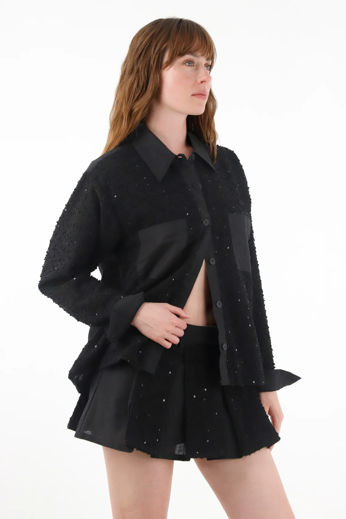 Black Sequin Detail Linen Shirt for Women - Image 2