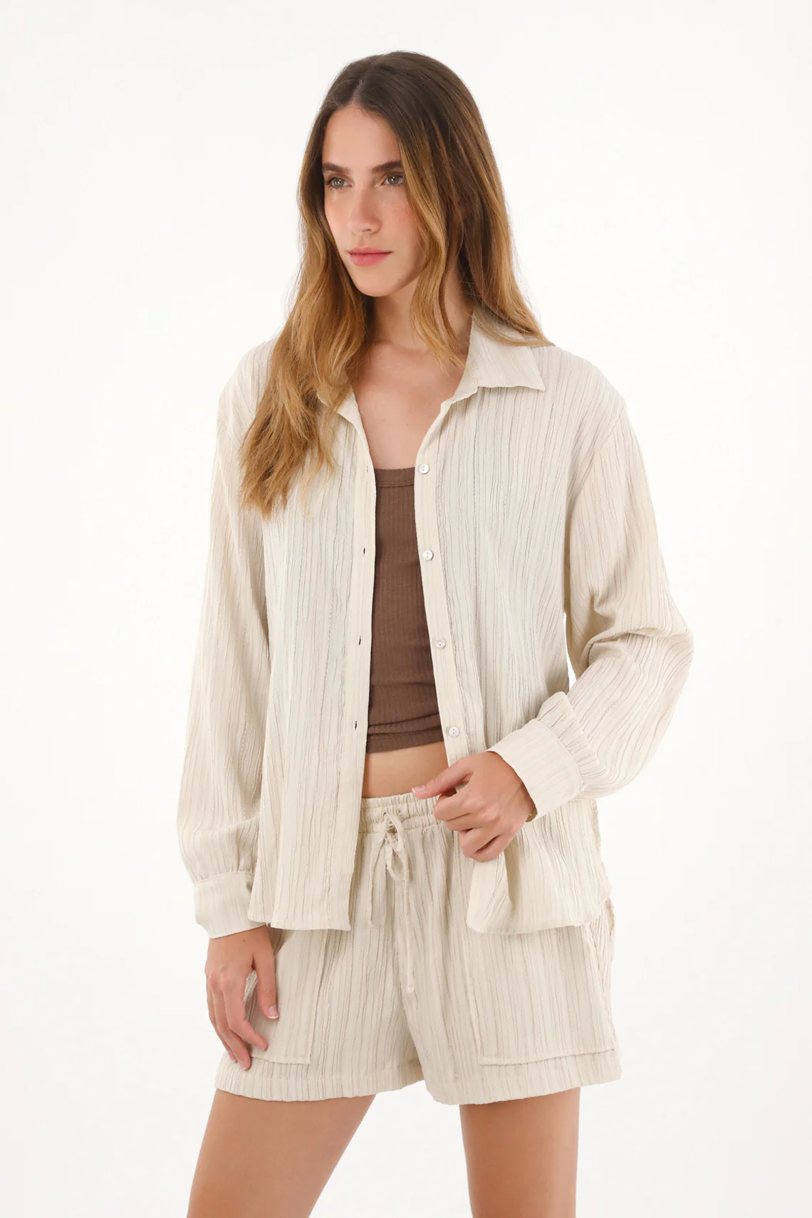 Textured Gray Long Sleeve Shirt for Women