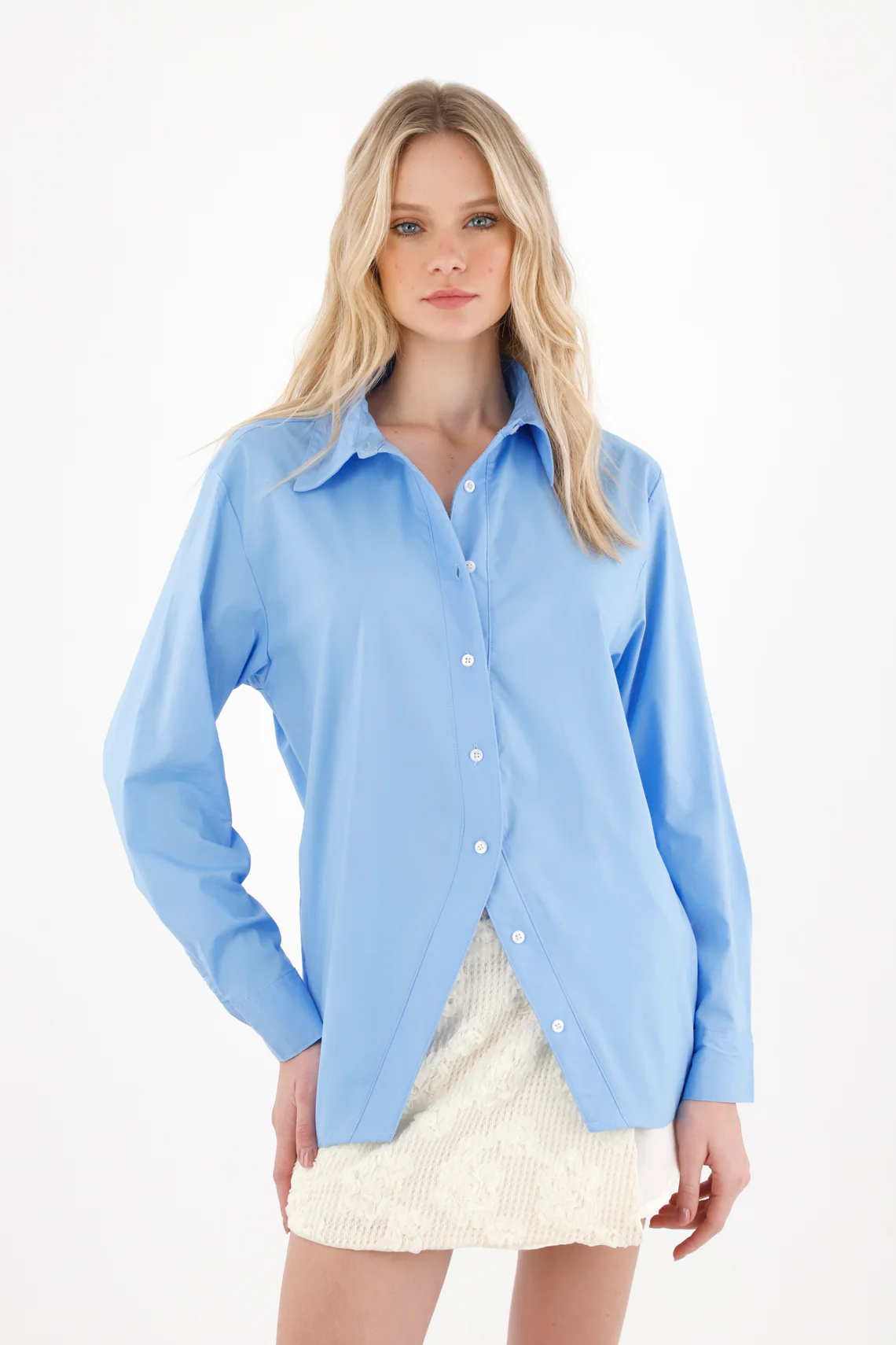 Women's Blue Long Sleeve Shirt with Split Hem