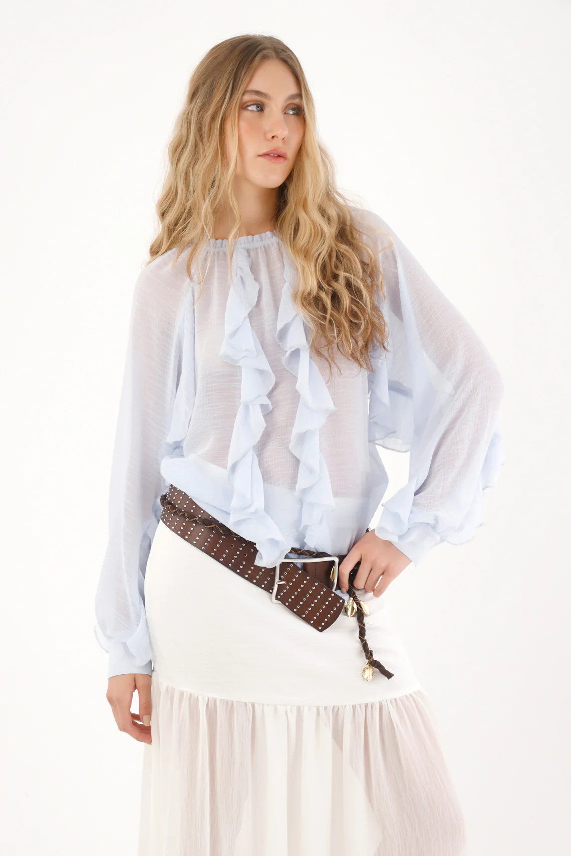 Women's Blue Ruffled Sheer Blouse