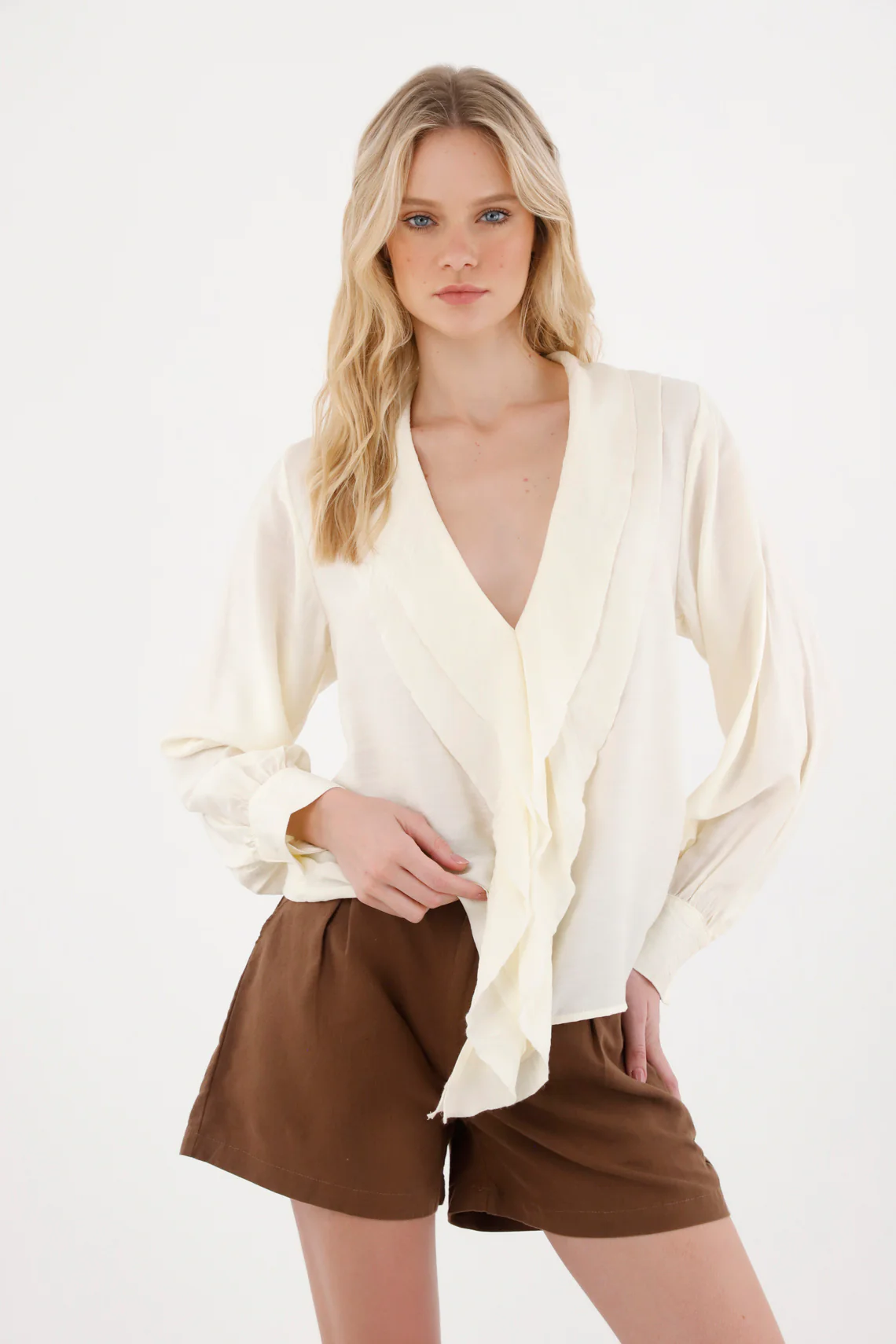 Women's Cream V-Neck Blouse with Ruffles - Image 2