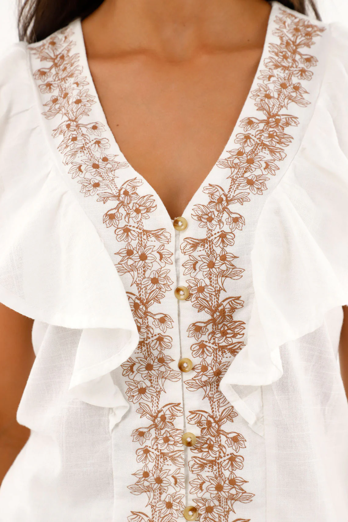 Women's Cream Blouse with Ruffle and Embroidery - Image 3