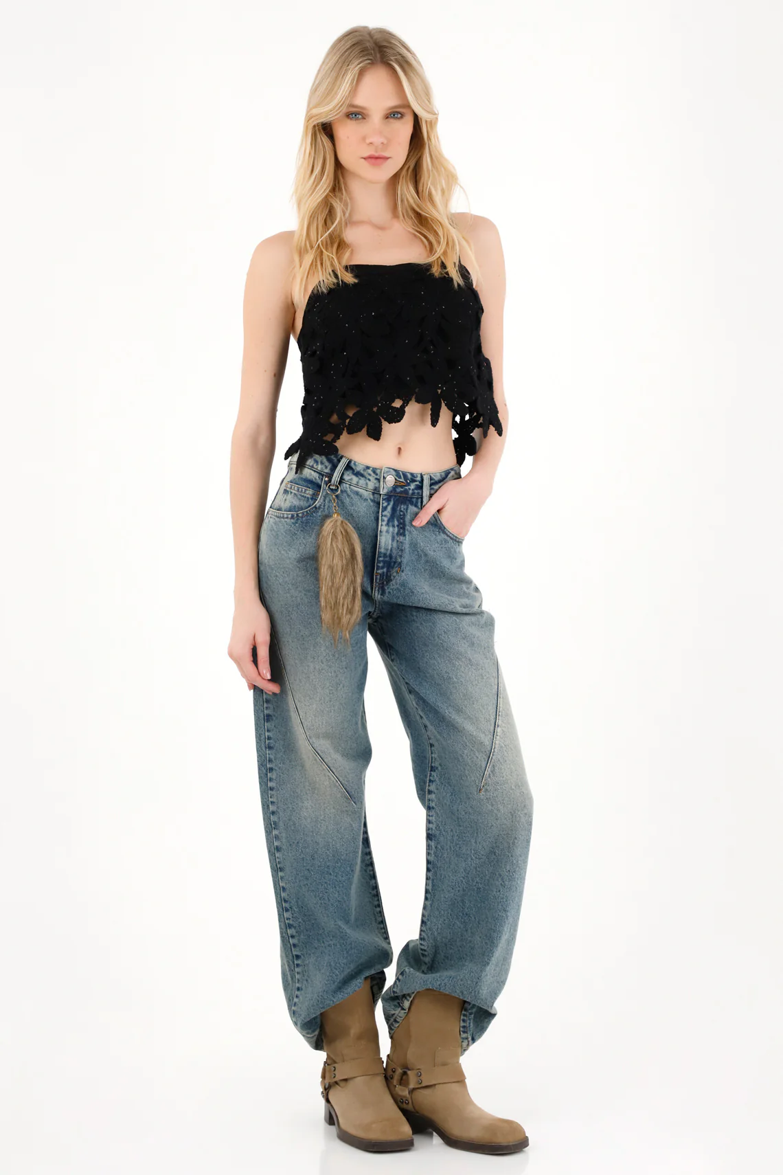Black Floral Embroidered Crop Shirt for Women
