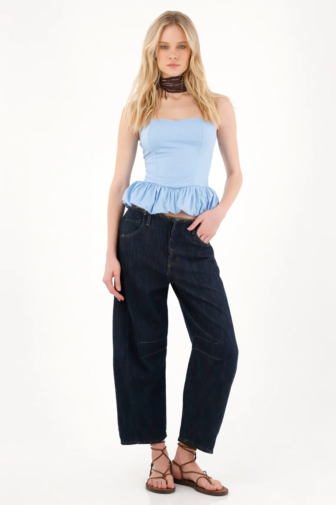 Women's Blue Strapless Balloon Hem Top