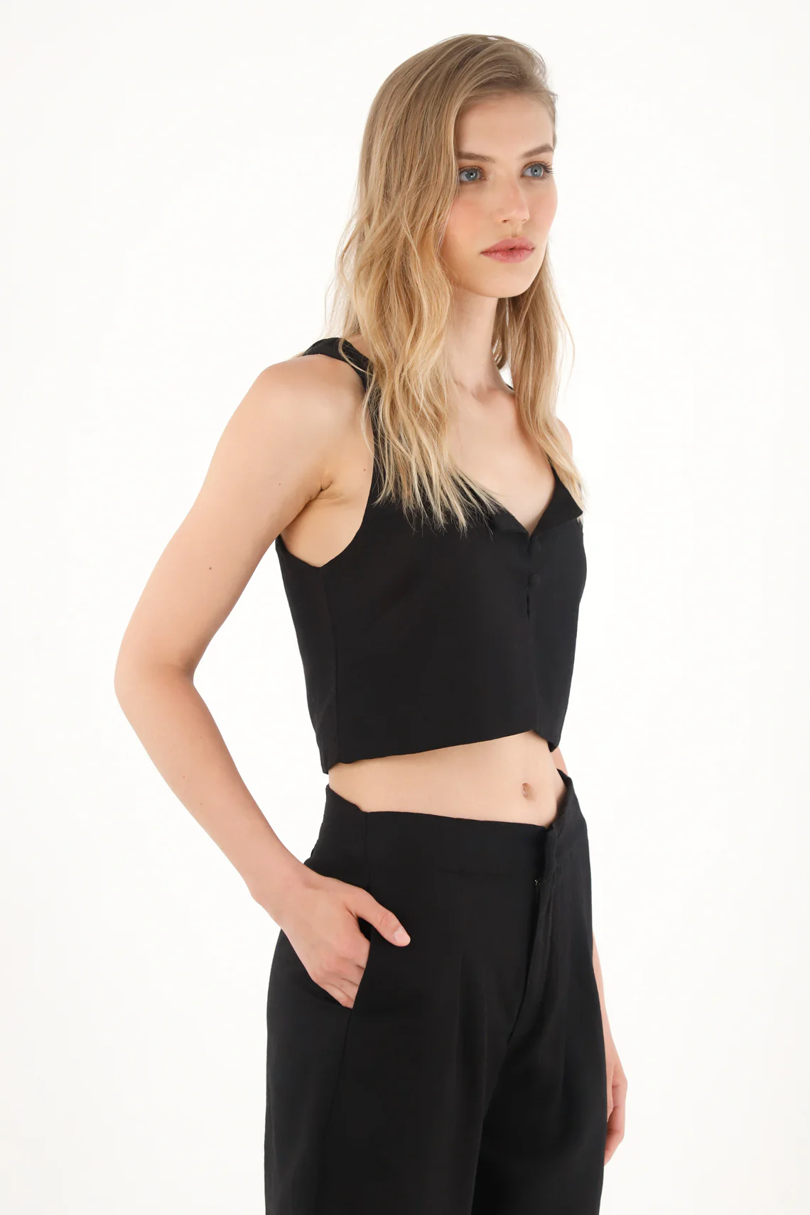 Women's Black 100% Linen Crop Shirt