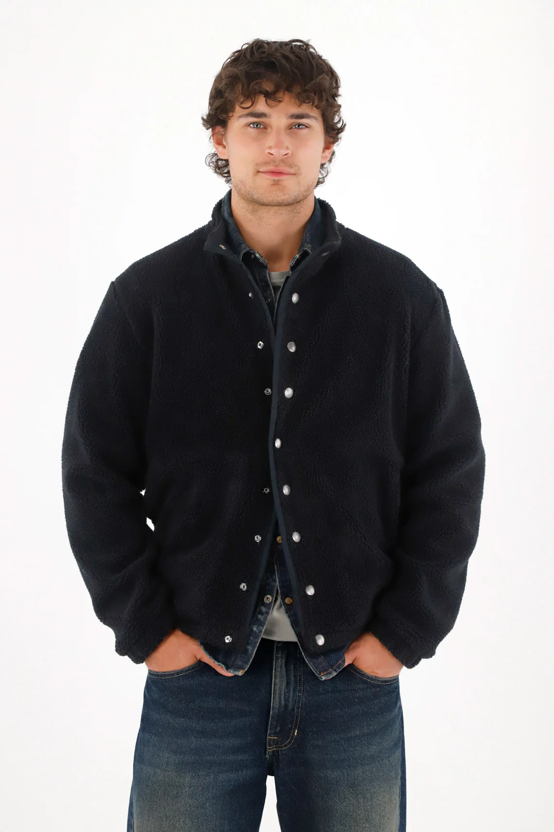 Black Sherpa Fabric Jacket for Men - Image 2