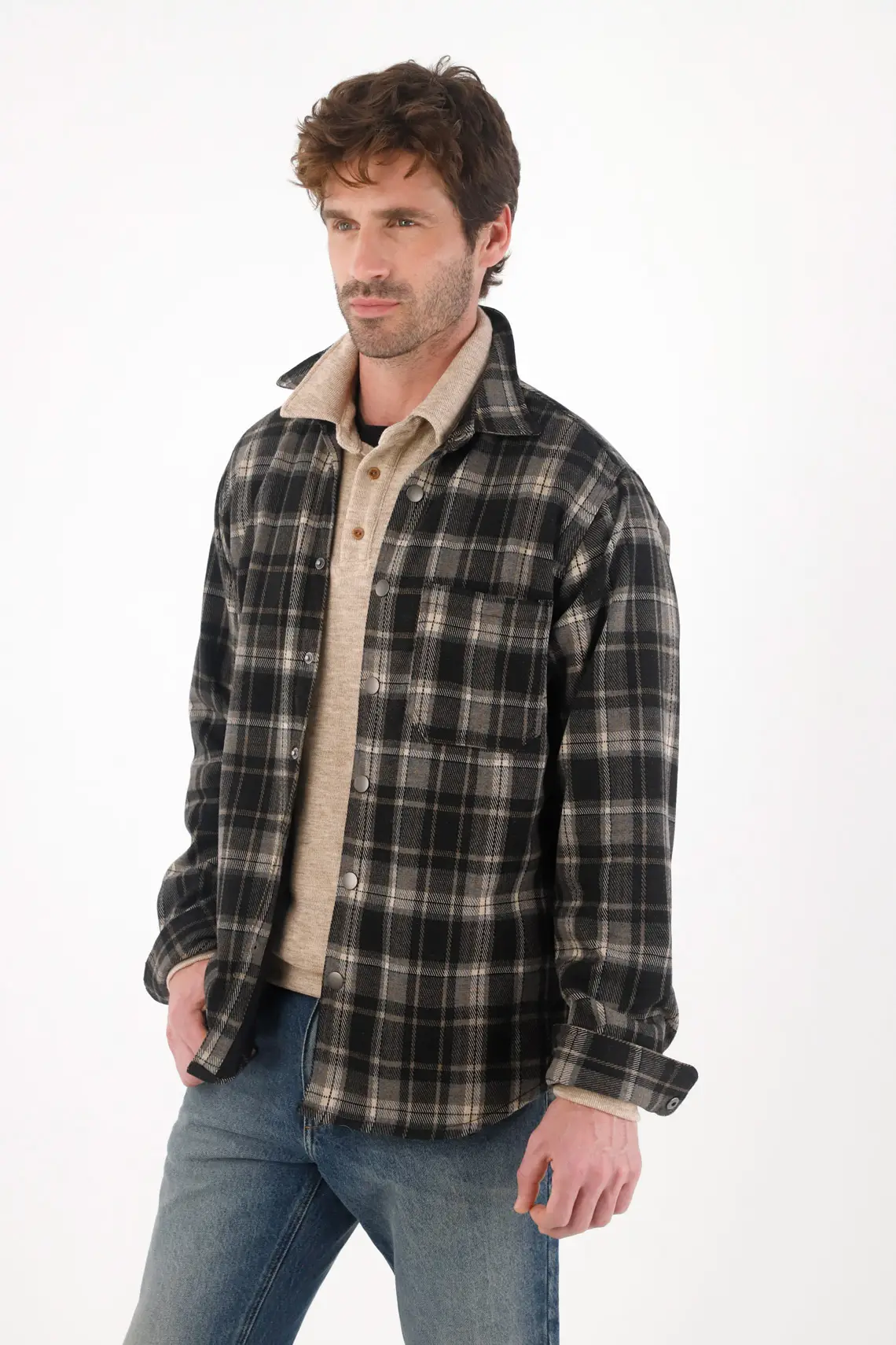 Coat with Pre-dyed Check Design for Men