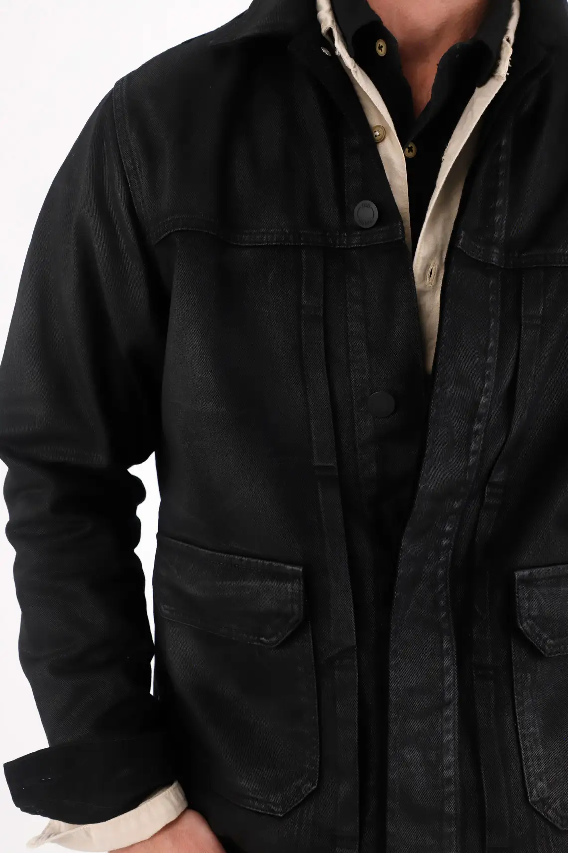 Black Resin Coated Bull Denim Jacket for Men - Image 3