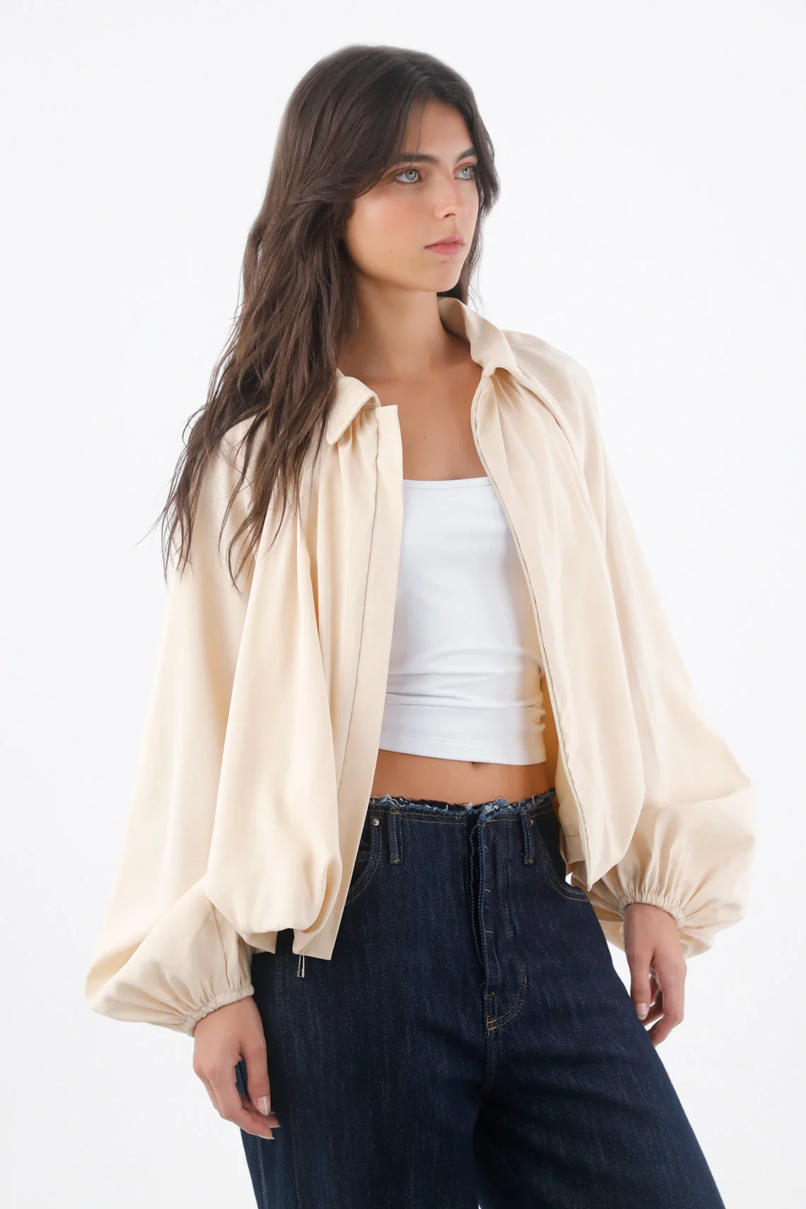 Blouse for Women in Soft Ivory Fabric, Loose Fit with Pleats - Image 3