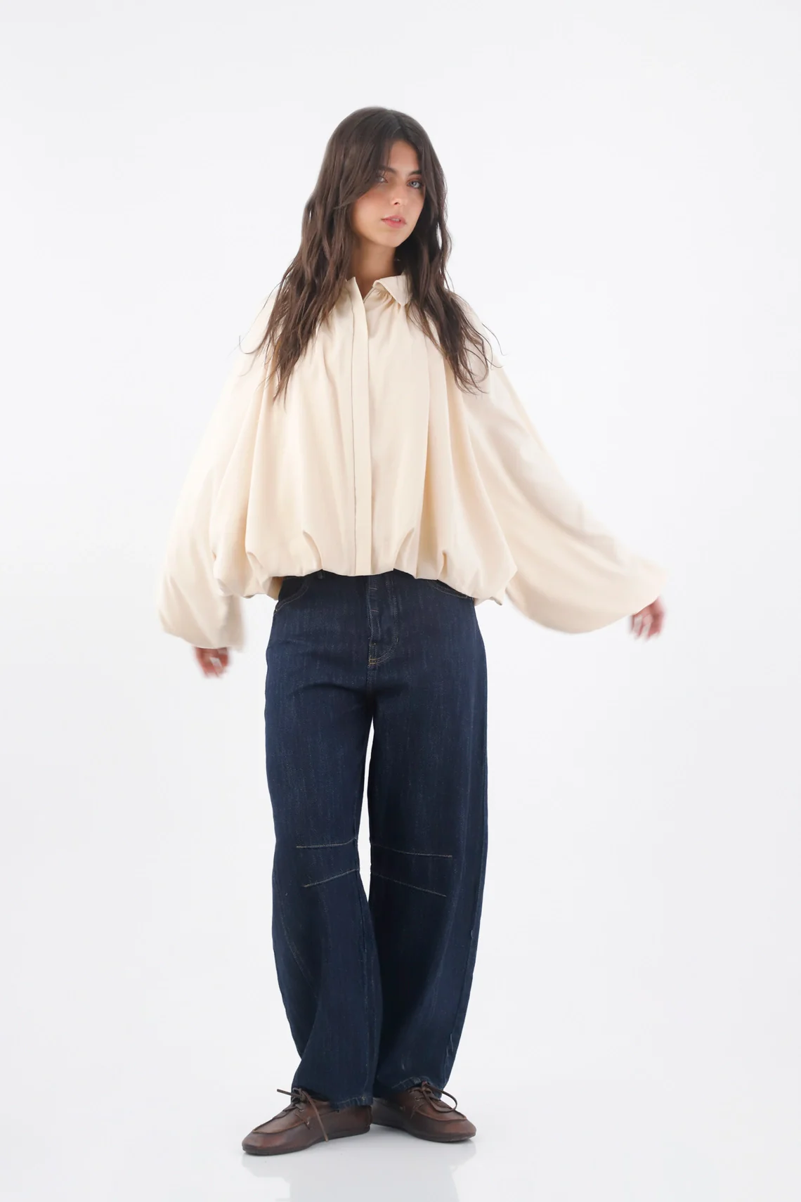 Blouse for Women in Soft Ivory Fabric, Loose Fit with Pleats - Image 4