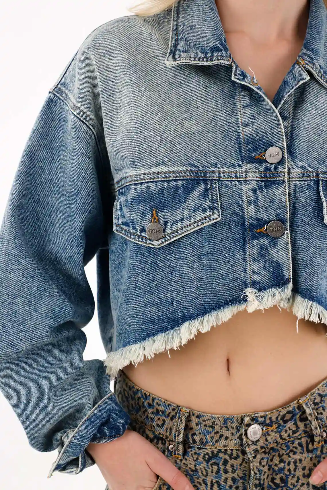 Crop Jacket with Cut Hem in Denim for Women - Image 4