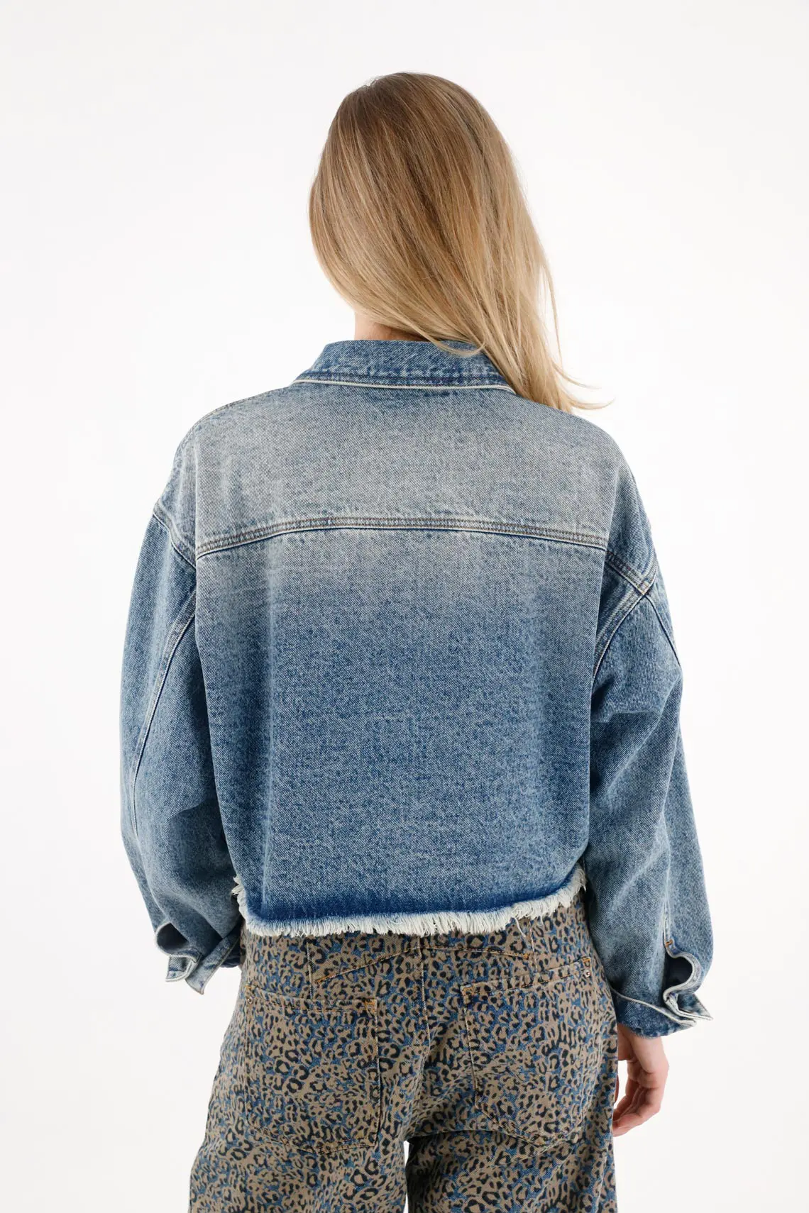 Crop Jacket with Cut Hem in Denim for Women - Image 5