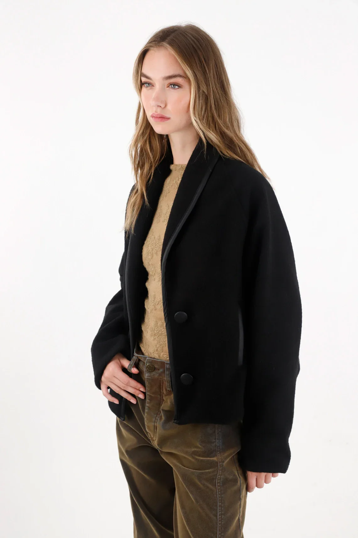 Black Jacket with Synthetic Leather Details for Women