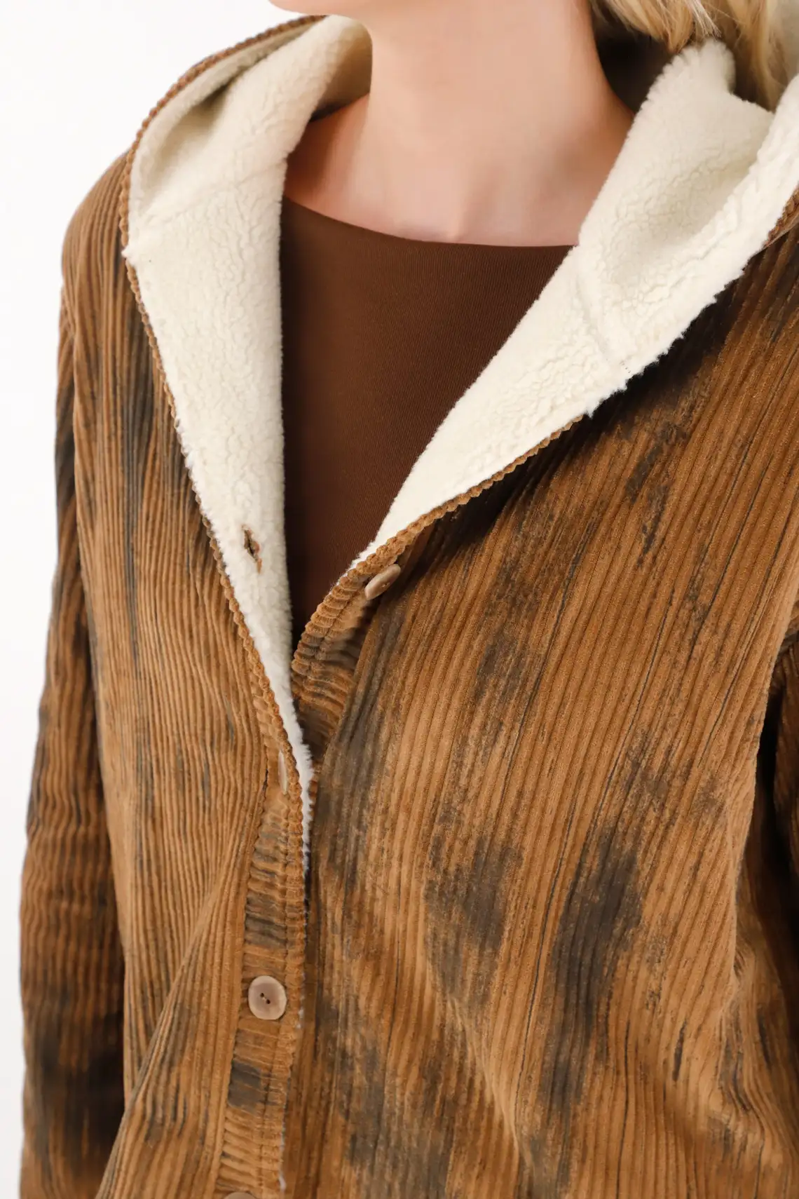 Brown Corduroy Jacket with Hood for Women - Image 3