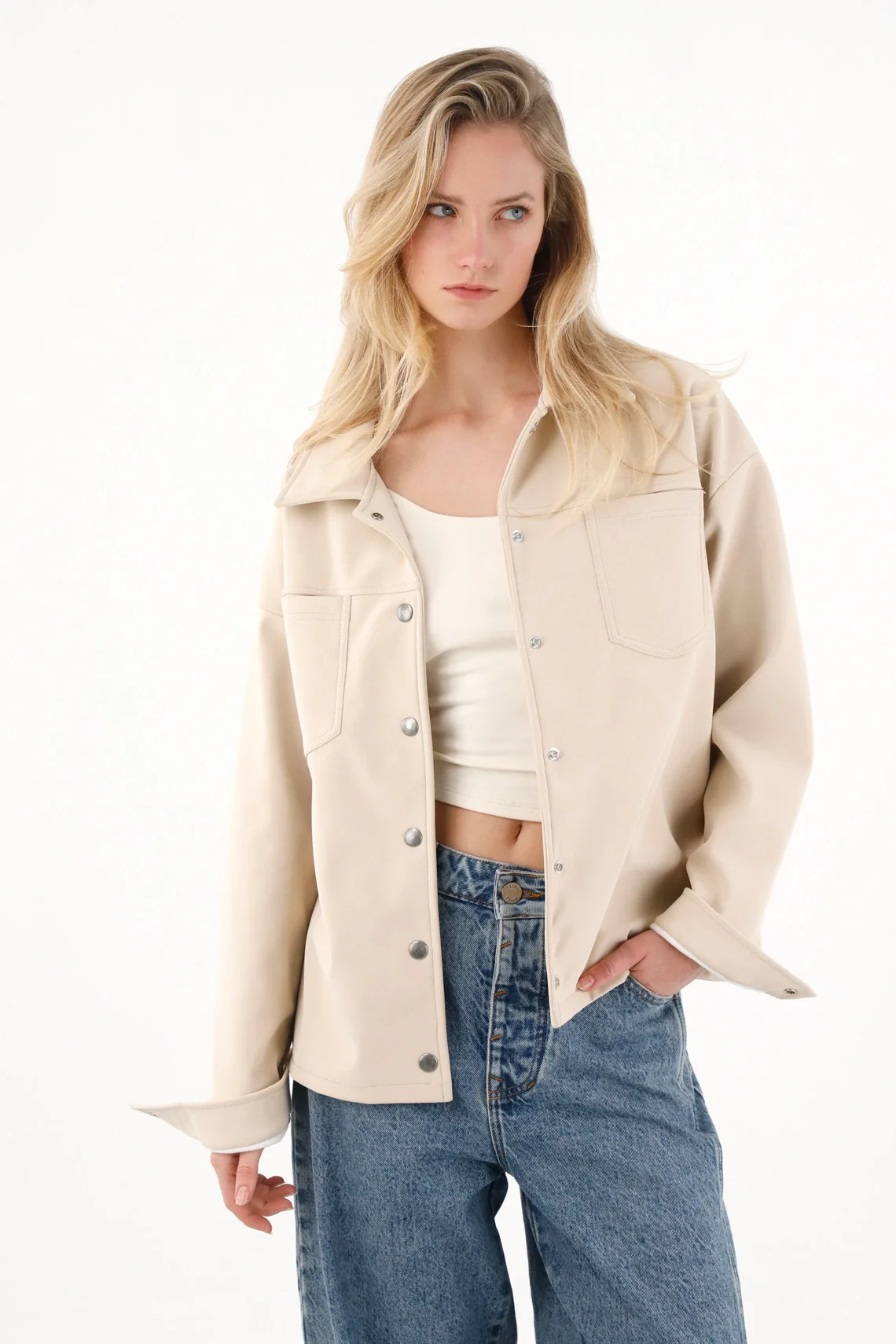 Off-White Synthetic Leather Jacket for Women