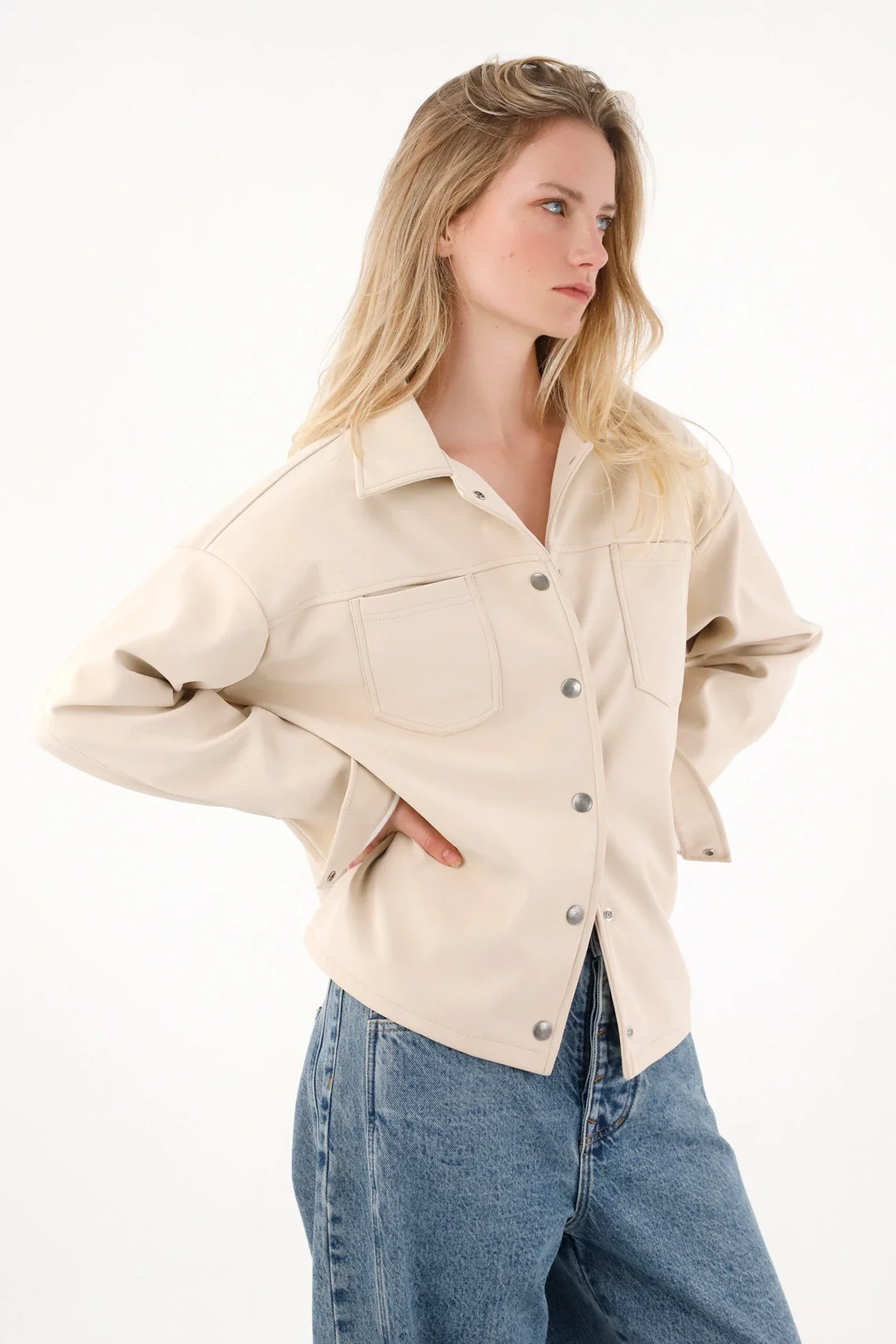 Off-White Synthetic Leather Jacket for Women - Image 3