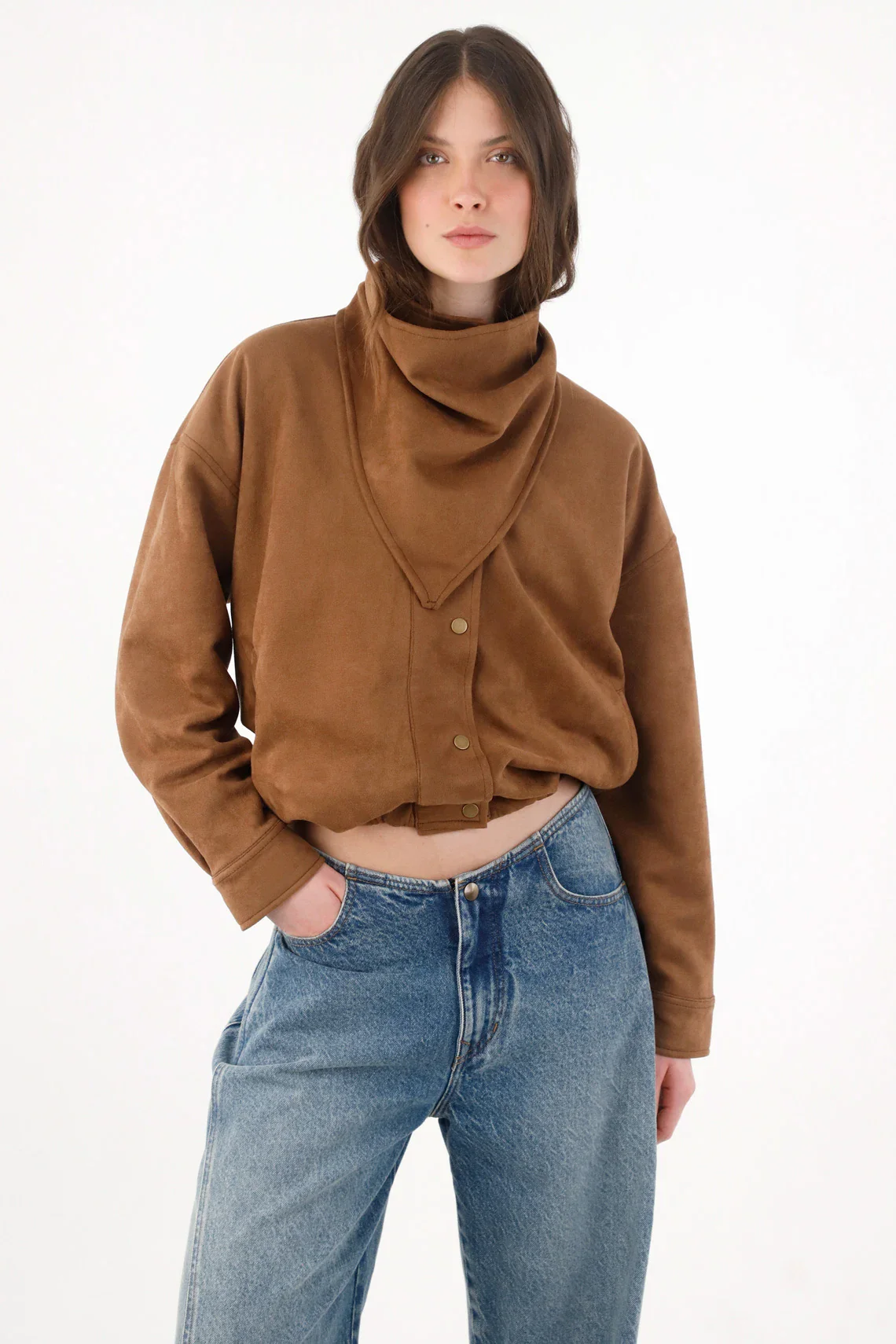 Camel Short Polyester Jacket for Women with Scarf Collar