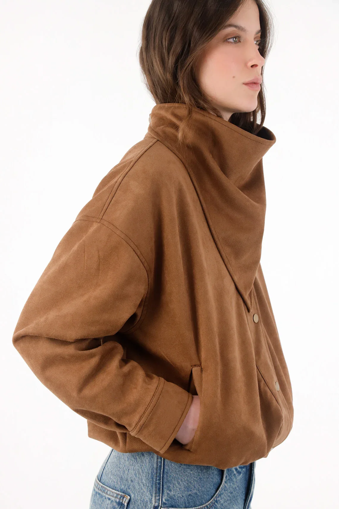 Camel Short Polyester Jacket for Women with Scarf Collar - Image 2