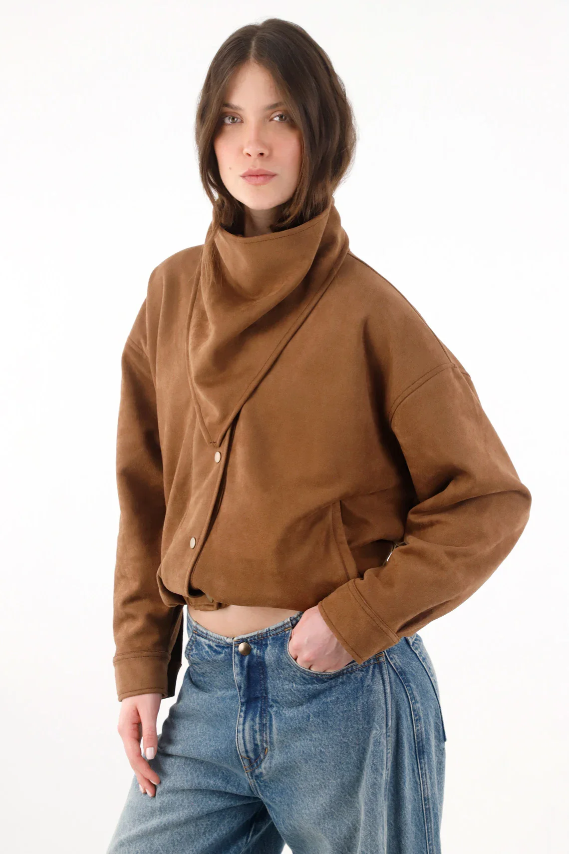 Camel Short Polyester Jacket for Women with Scarf Collar - Image 3