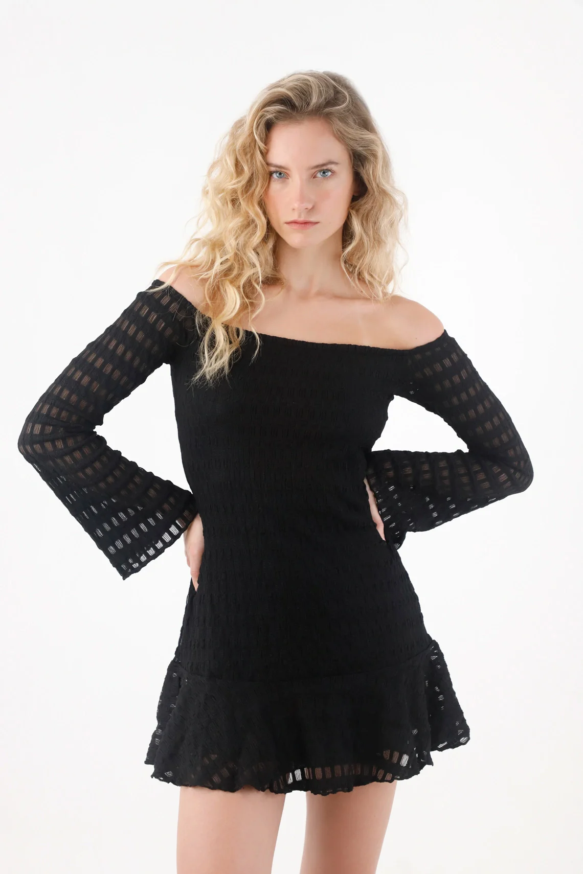 Short black dress with boat neck for women
